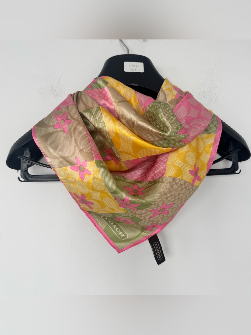 Coach Signature Multicolor Floral Patchwork Silk Scarf Pink Yellow Green 21”